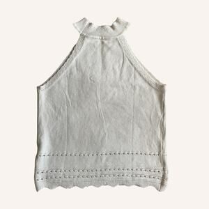High collar knit tank w/ eyelets, pristine, ivory cream, size M, unbranded